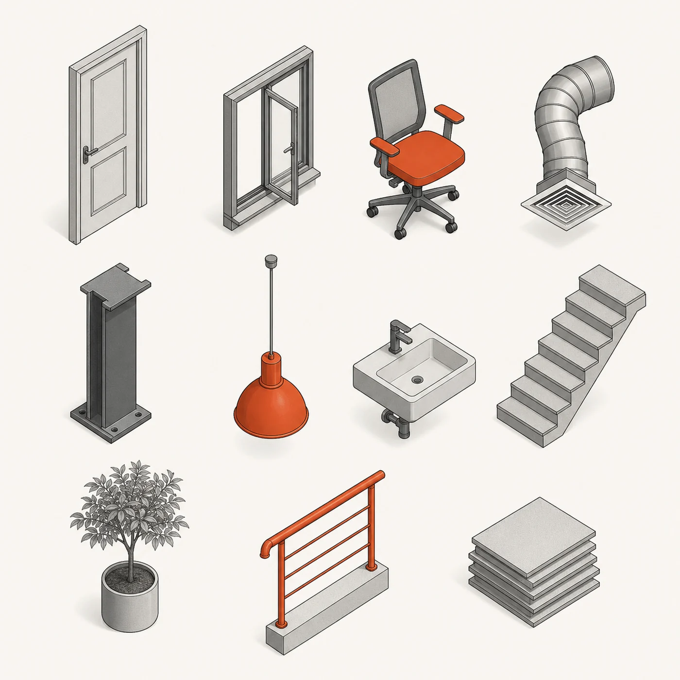 Isometric Revit family components: door, window, chair, duct, column, pendant lamp, sink, stair, tree, handrail and floor tiles